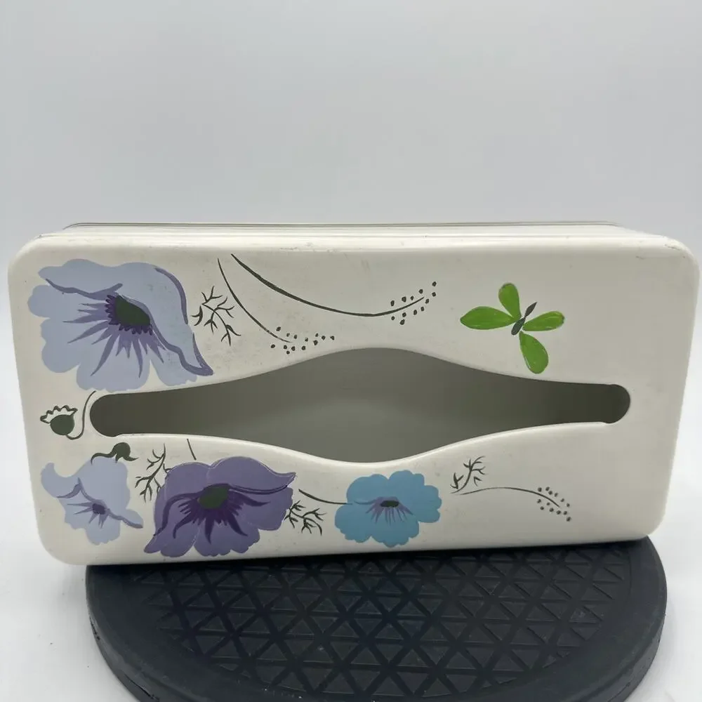 Vintage Ransburg 1950s Retro Hand Painted Blue Purple Floral Metal Tissue Box